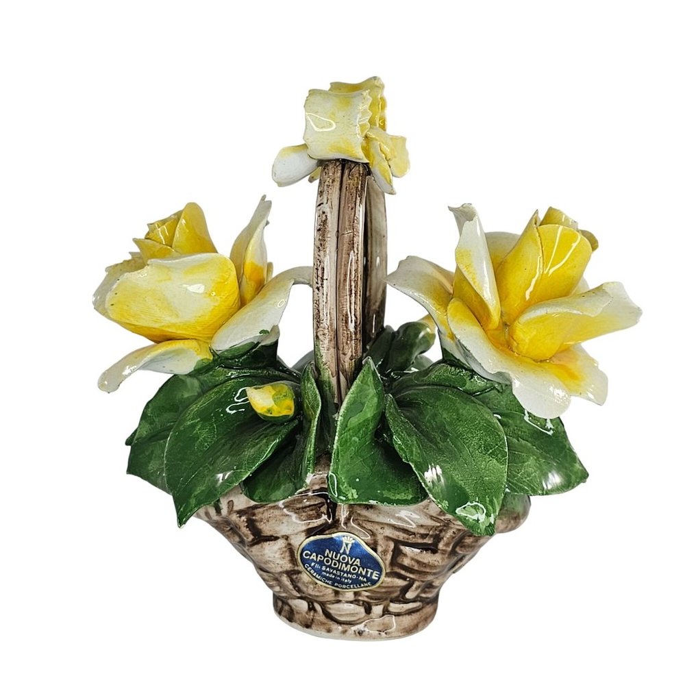 Vintage Nuova Capodimonte Yellow Porcelain Rose Flower Basket Italy *Chipped